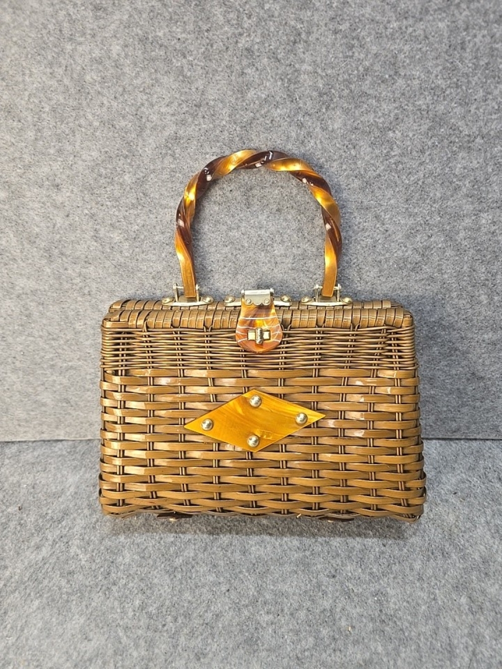 Vintage Handmade Wicker And Lucite Basket Handbag Made In Hong Kong